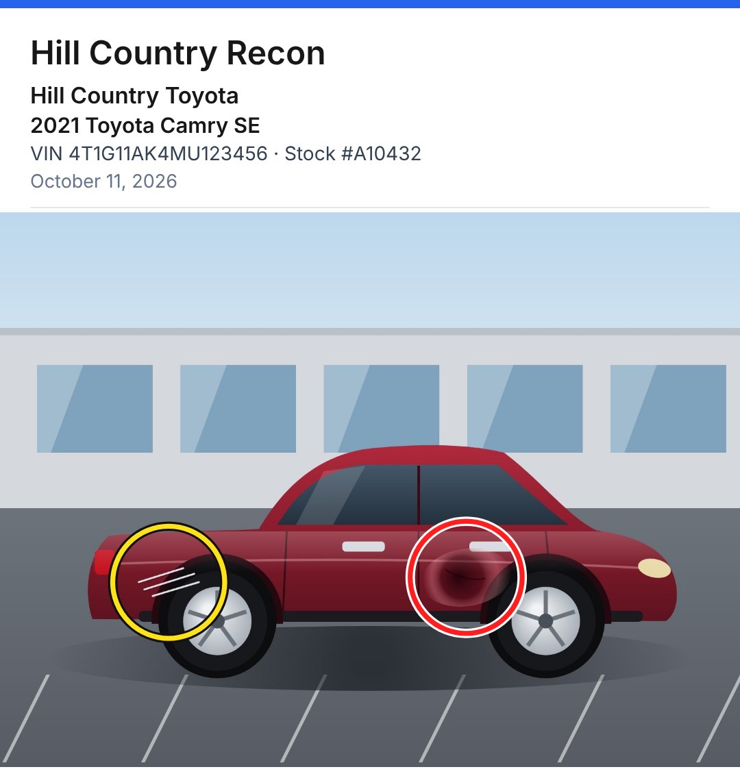 A red sedan with a red circle on a door dent and a yellow circle on a scratch, under a header with the business name, dealership, 2021 Toyota Camry SE, VIN and stock number.