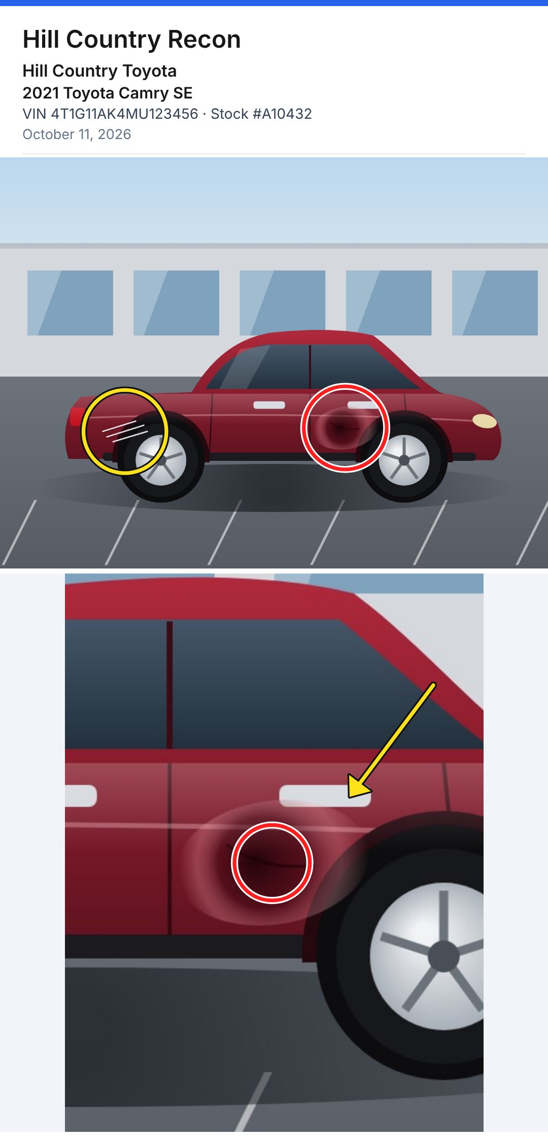 Vehicle example: business name, dealership, 2021 Toyota Camry SE, VIN, stock number, and two marked photos of a door dent and a scratch in one picture