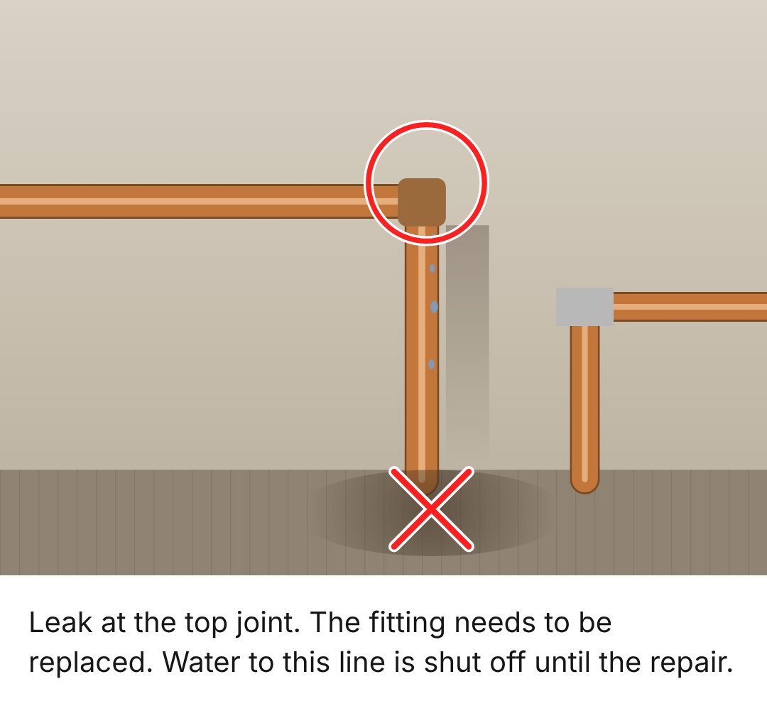 A photo of a leaking copper pipe with a red circle on the joint, a red X on the water below, and a note: Leak at the top joint. The fitting needs to be replaced.